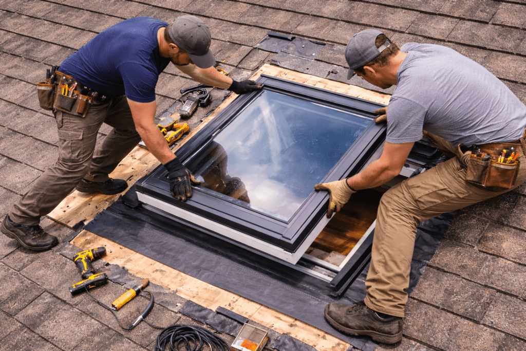 Two roofers installing skylight from aerial view on residential roof