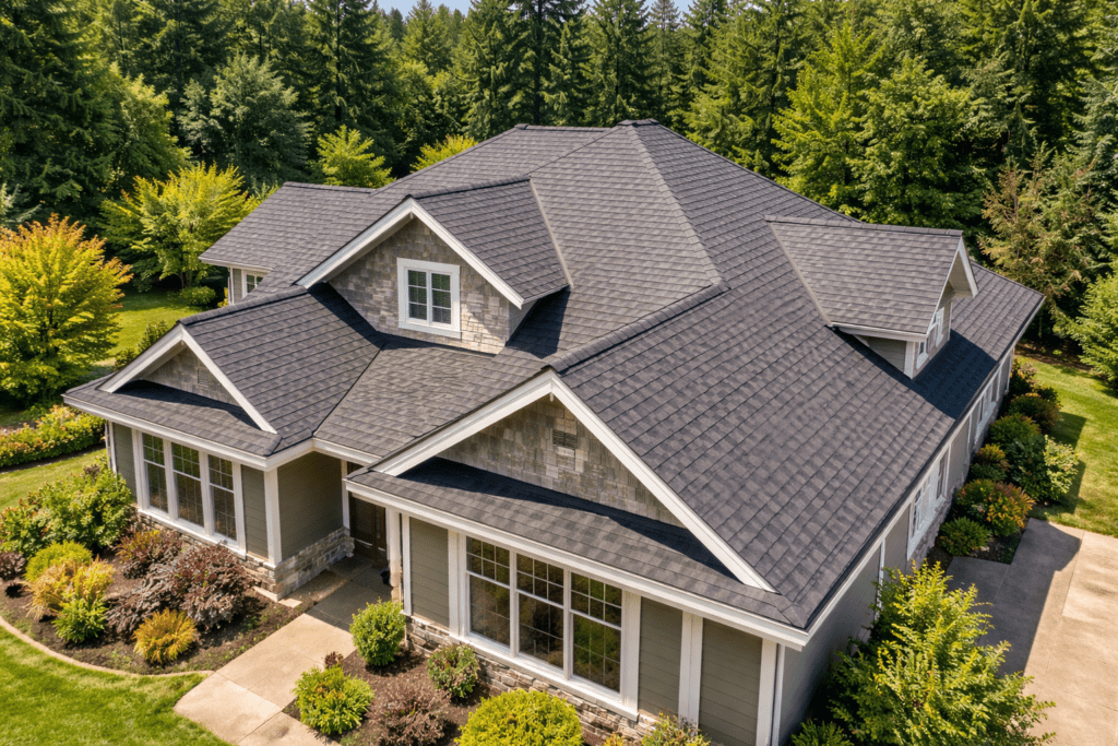 aerial view of residential roof in Texas showing shingles and roofing layout during inspection or replacement