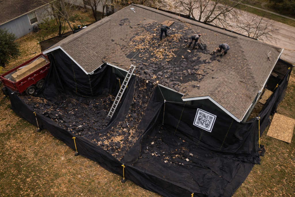 Aerial drone view of a residential roof replacement showing workers removing shingles with a black catch-all system protecting the home and yard