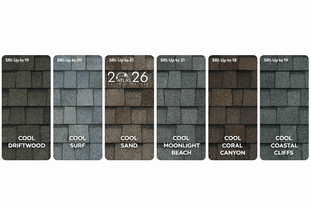 Atlas Pinnacle shingles color options showing Cool Driftwood, Cool Surf, Cool Sand, Cool Moonlight Beach, Cool Coral Canyon, and Cool Coastal Cliffs with SRI ratings