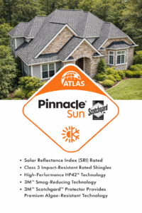 Atlas Pinnacle Sun shingles showing SRI rated roofing system with Class 3 impact resistance and Scotchgard protection