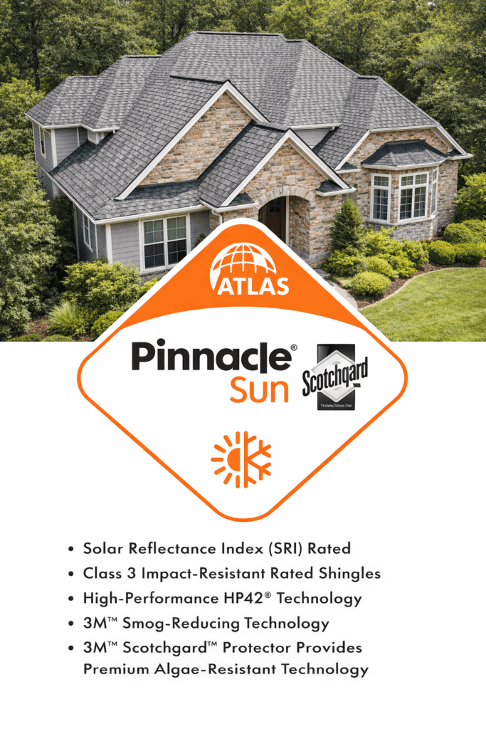 Atlas Pinnacle Sun shingles showing SRI rated roofing system with Class 3 impact resistance and Scotchgard protection