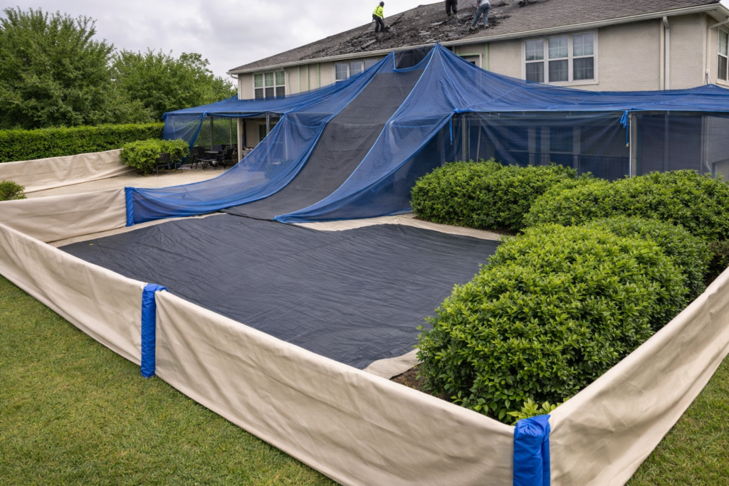 catch-all debris protection system covering pool and hedges during roof replacement