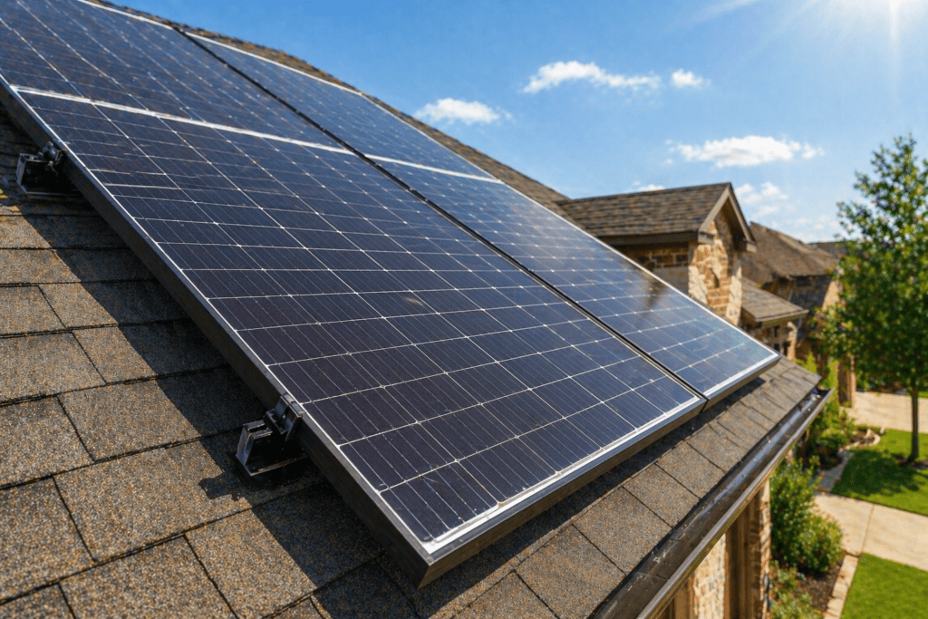 close up of solar panel on residential roof in texas showing panel cells and mounting system