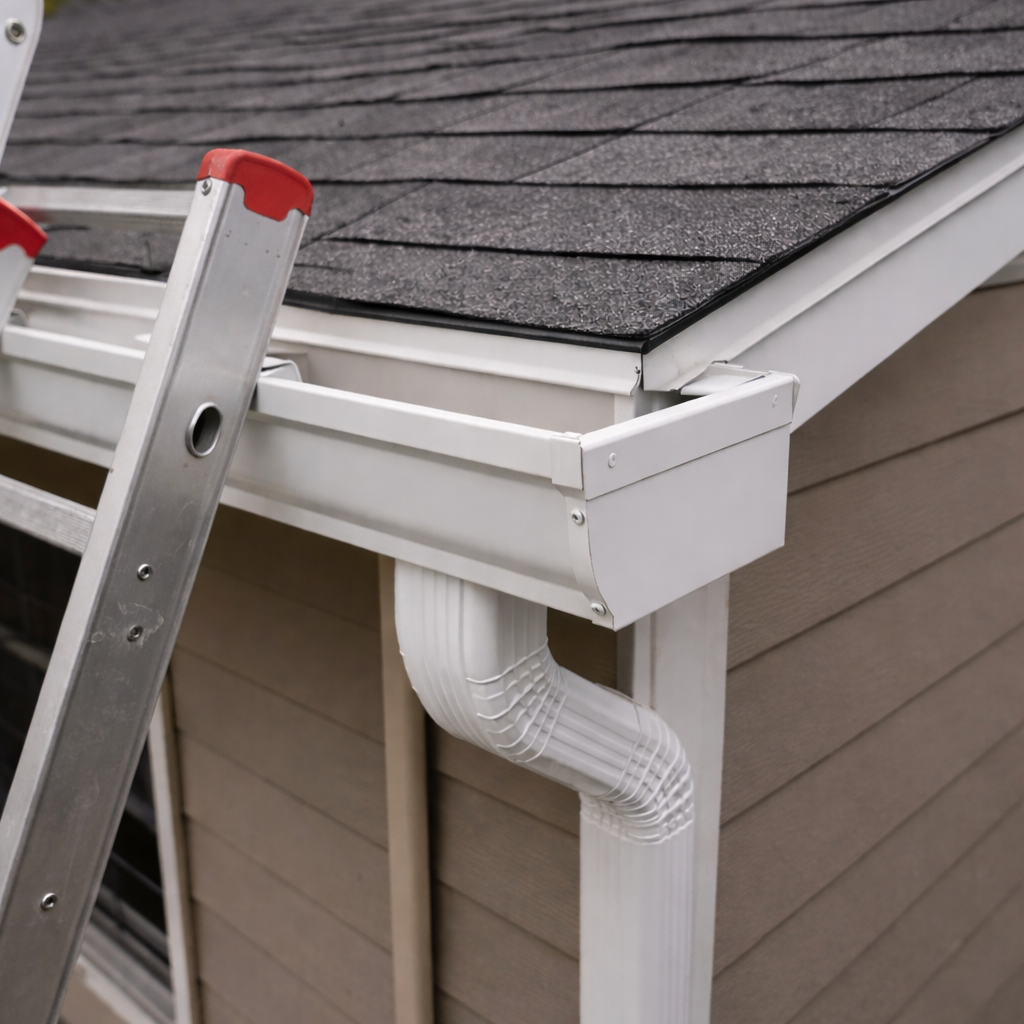 White gutter and downspout installed along roof edge during roof replacement