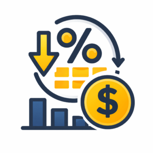 low interest roof financing icon with percentage symbol and dollar coin for Texas homeowners