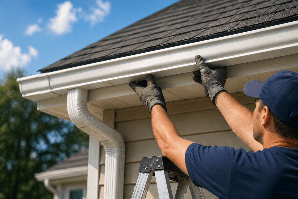 Gutter installation on residential home in Texas with technician aligning seamless gutter system