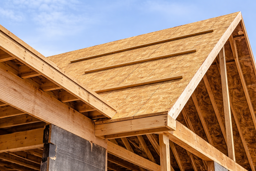 Close-up view of roof decking installation with plywood sheathing on a residential roof during replacement