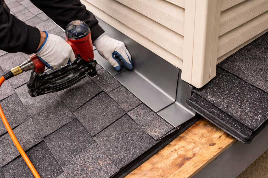 Roofing contractor installing metal roof flashing along wall during roof replacement