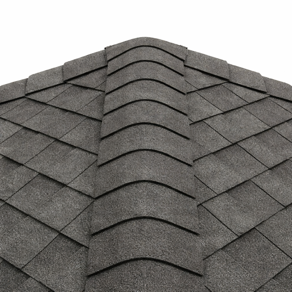 Single-color asphalt ridge caps installed along roof peak with ridge vent