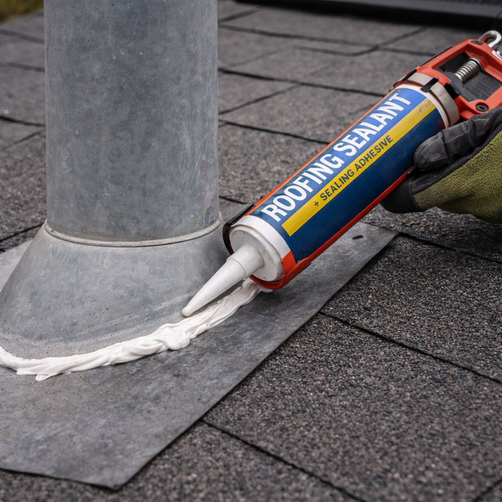 Roofing sealant applied around vent pipe flashing on asphalt shingles during roof replacement