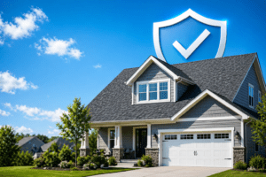House with shingle roof and protection symbol representing roof warranty coverage