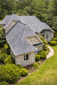 modern home roof with Atlas Pinnacle Sun shingles installed showing energy efficient gray asphalt shingle system