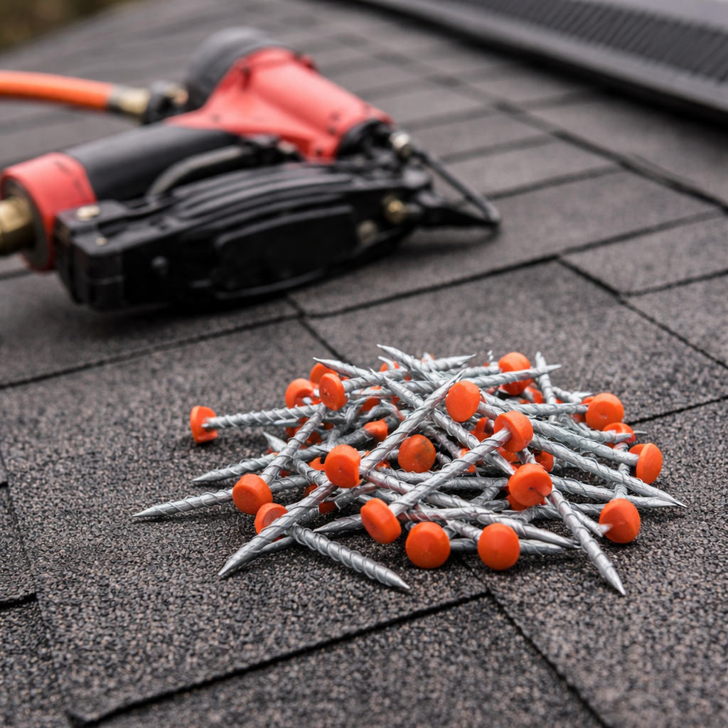 Roofing nails with orange caps placed on asphalt shingles with nail gun in background