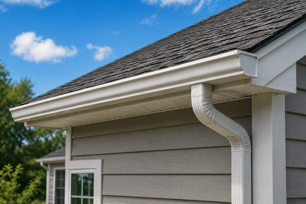 Seamless gutter system installed on residential home in Texas with roofline and downspout