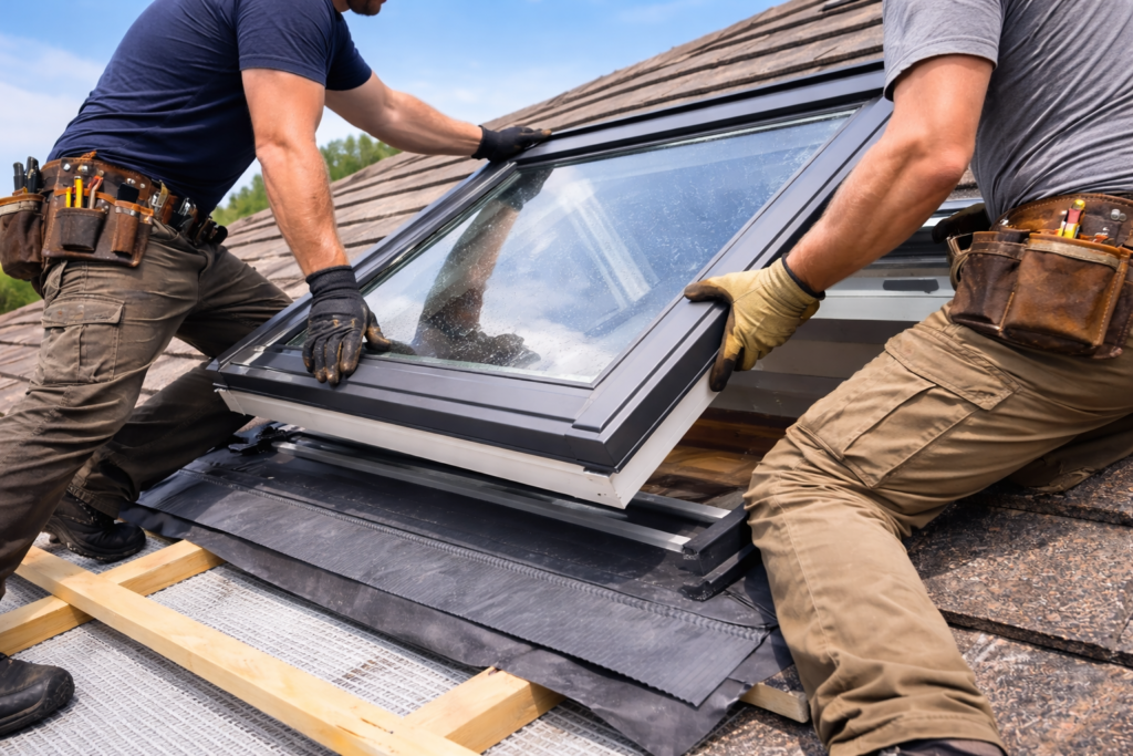 Two roofers installing a skylight on a residential roof with faces not visible