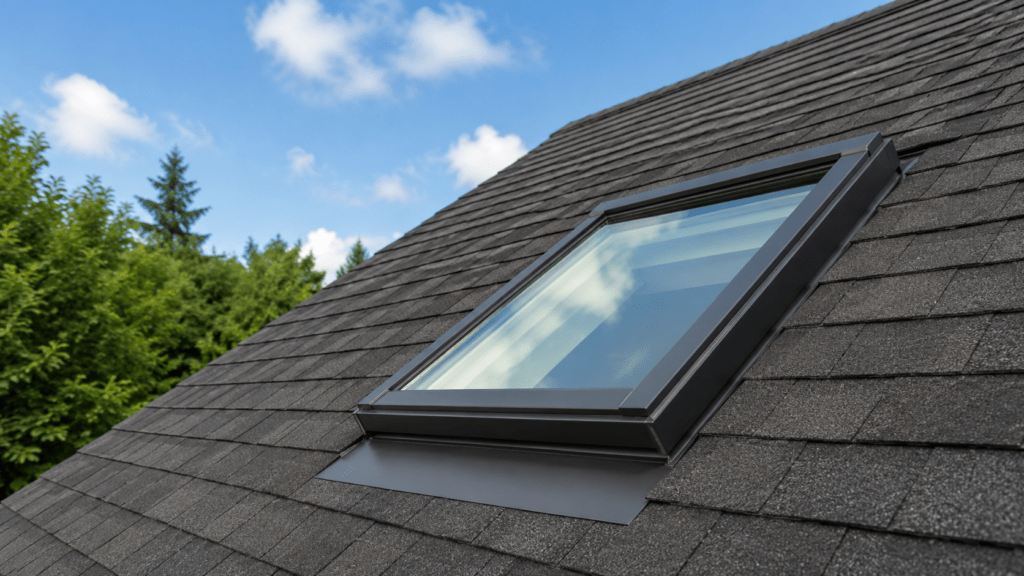 Residential skylight installed on a shingle roof showing the area homeowners should inspect for common skylight problems