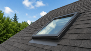 Residential skylight installed on a shingle roof showing the area homeowners should inspect for common skylight problems