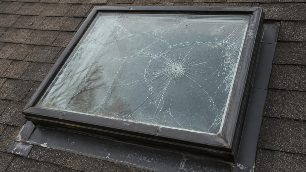 Cracked or broken skylight glass on a residential shingle roof with visible impact damage and spiderweb fractures