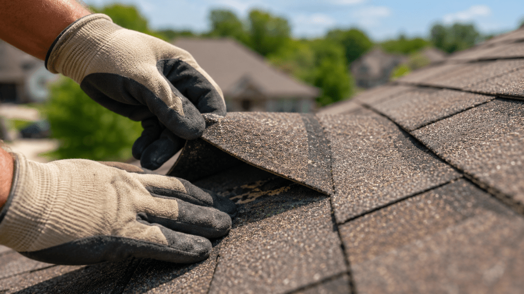 Free roof inspection in Round Rock TX showing a roofer checking asphalt shingles for storm damage