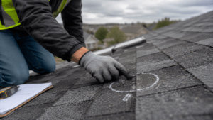 Roofer inspecting hail damage on asphalt shingles after a storm in Round Rock Texas