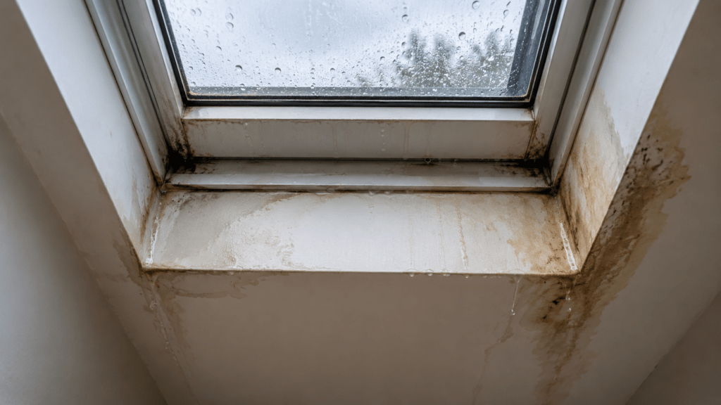 Leaks around the skylight causing water stains, dripping, and moisture damage near the skylight frame