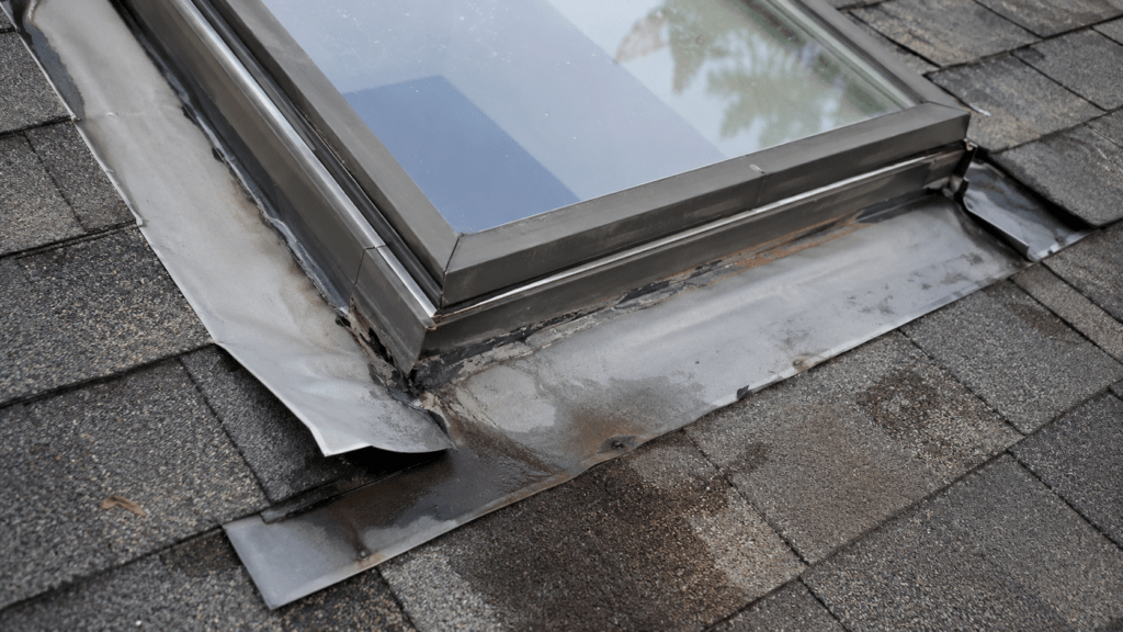 Poor skylight flashing and sealing around a residential roof skylight with worn sealant, lifted flashing, and moisture staining