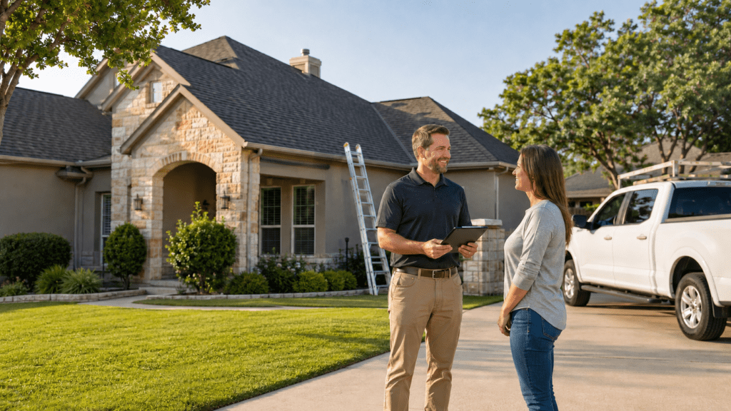 Roofing contractor discussing roof financing options with a homeowner in front of a suburban home in Round Rock Texas