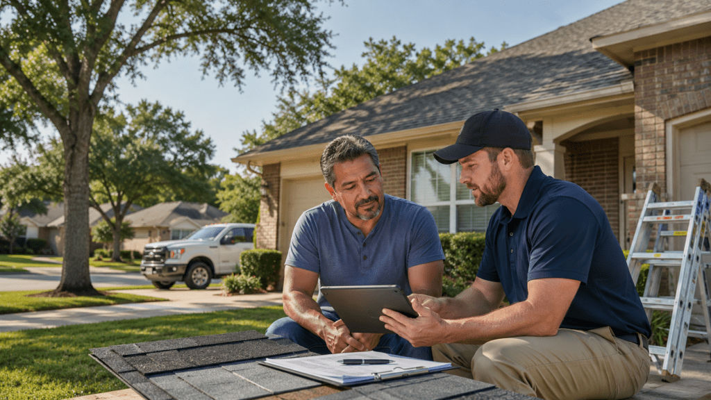 Texas homeowner reviewing roof financing options with a roofing contractor after a roof inspection