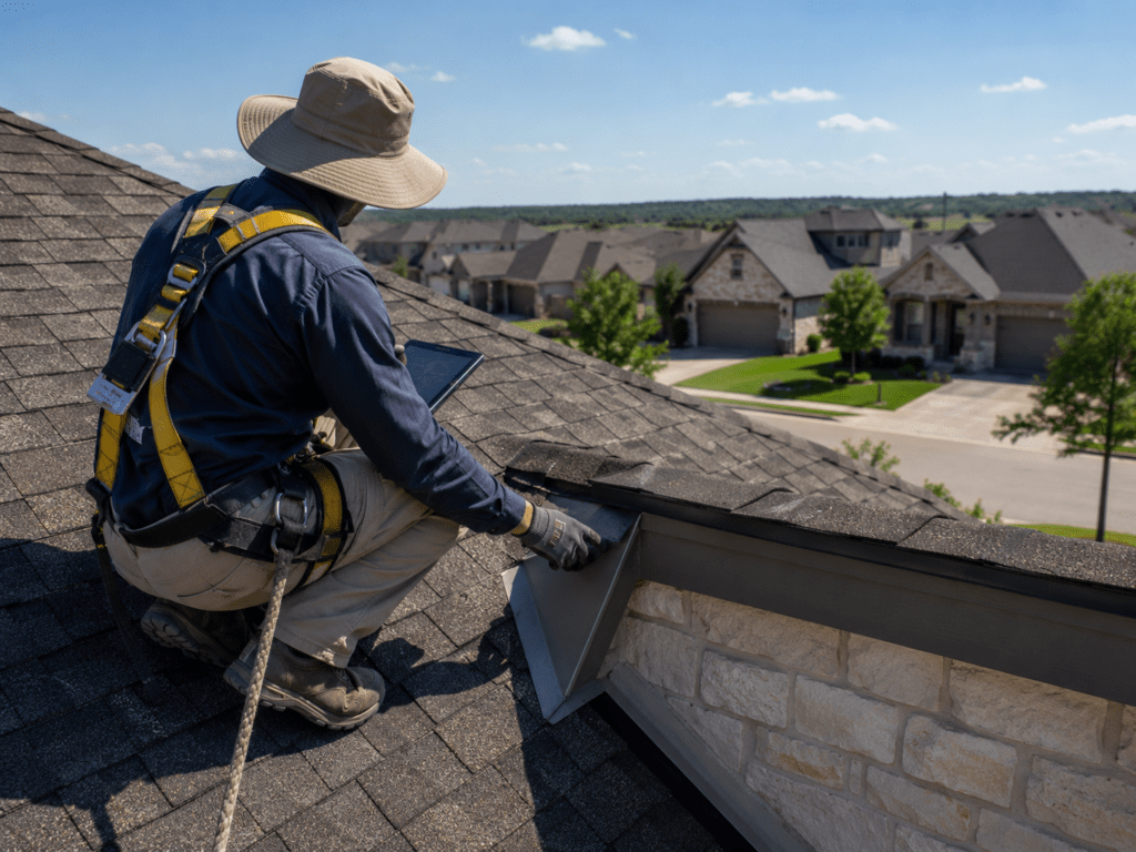 Roofing contractor inspecting asphalt shingles on a Round Rock TX home during a free roof estimate