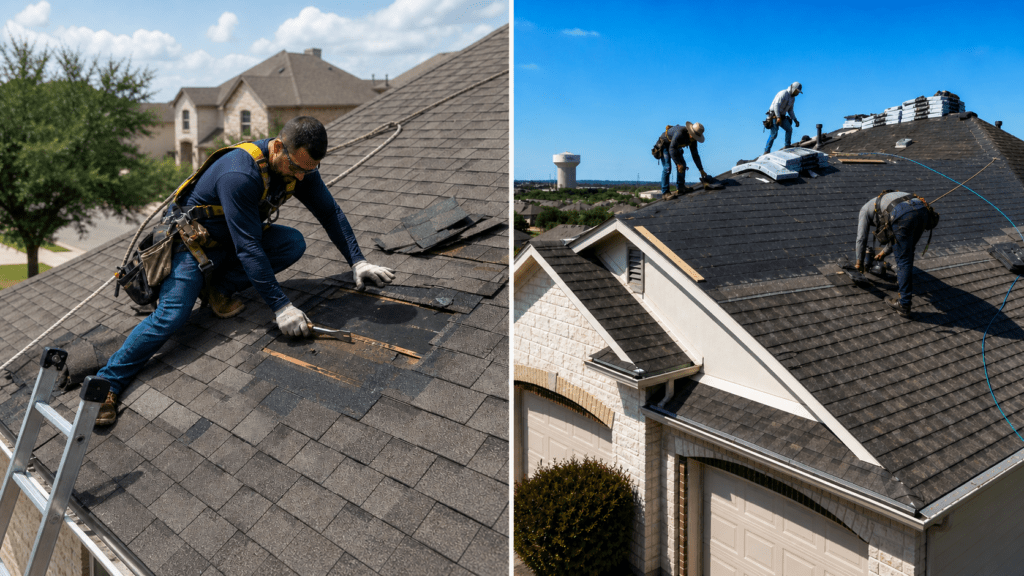 Side by side view of roof repair and roof replacement work on residential homes in Leander Texas
