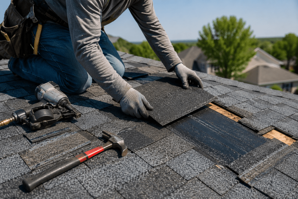Professional roof repair in Leander TX with roofer replacing damaged asphalt shingles