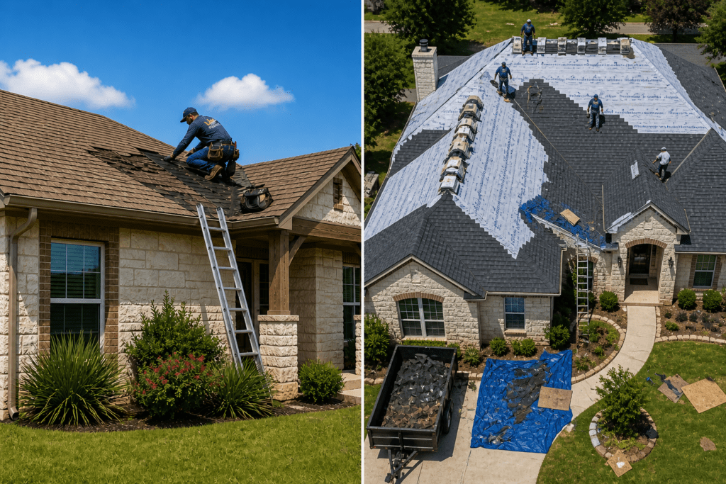 roof repair vs roof replacement comparison Texas home with aerial roof replacement project