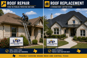 Round Rock Texas roof repair vs roof replacement comparison showing damaged shingles repair and full new roof installation on residential homes