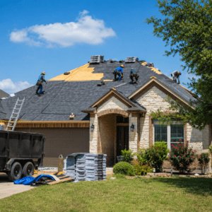 Professional roof replacement in Round Rock Texas with roofers installing asphalt shingles on a residential home