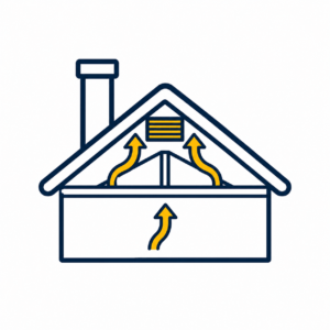 roof ventilation icon showing airflow arrows moving through attic and roof structure