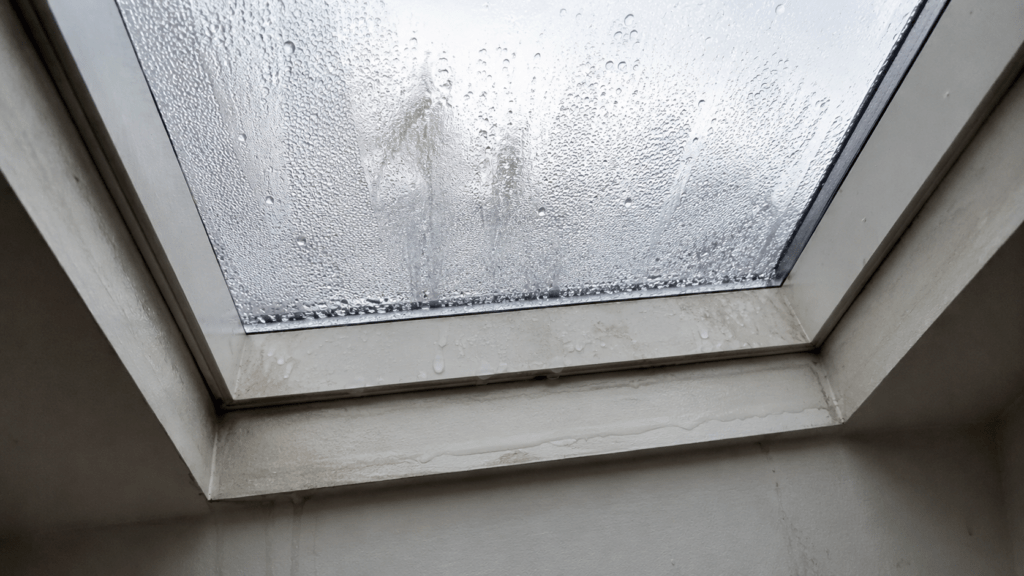 Skylight condensation and moisture buildup on interior glass with water droplets collecting along the frame