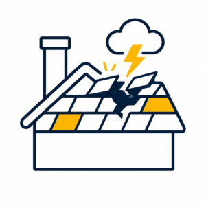 storm damage roof icon showing cracked shingles with lightning and wind over residential roof