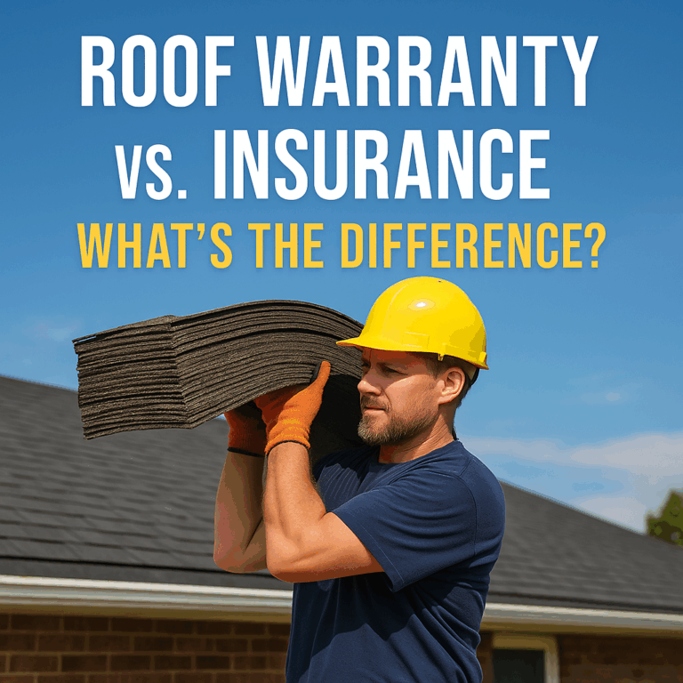Construction worker carrying a bundle of asphalt shingles with text overlay "Roof Warranty vs. Insurance — What’s the Difference?"