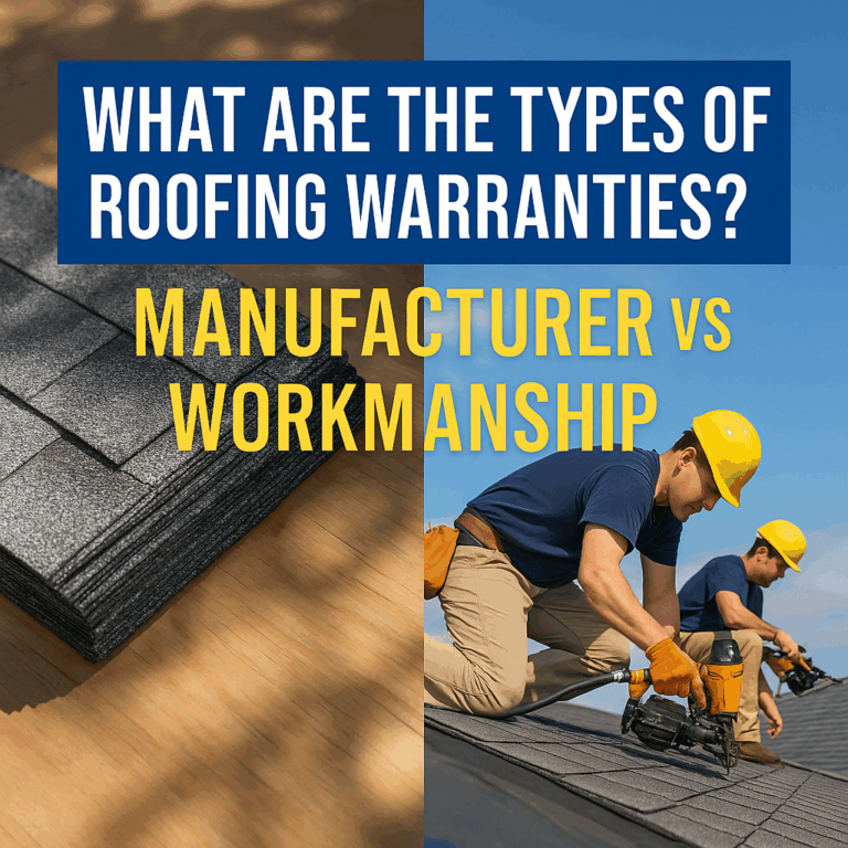 Side-by-side image of roofing materials and roofers installing shingles with text overlay "What Are the Types of Roofing Warranties? Manufacturer vs Workmanship."