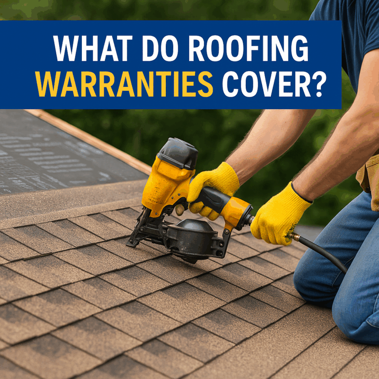 Roofing contractor installing asphalt shingles with text overlay "What Do Roofing Warranties Cover?" in blue and gold.