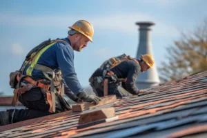 Workers replacing shingles on a roof