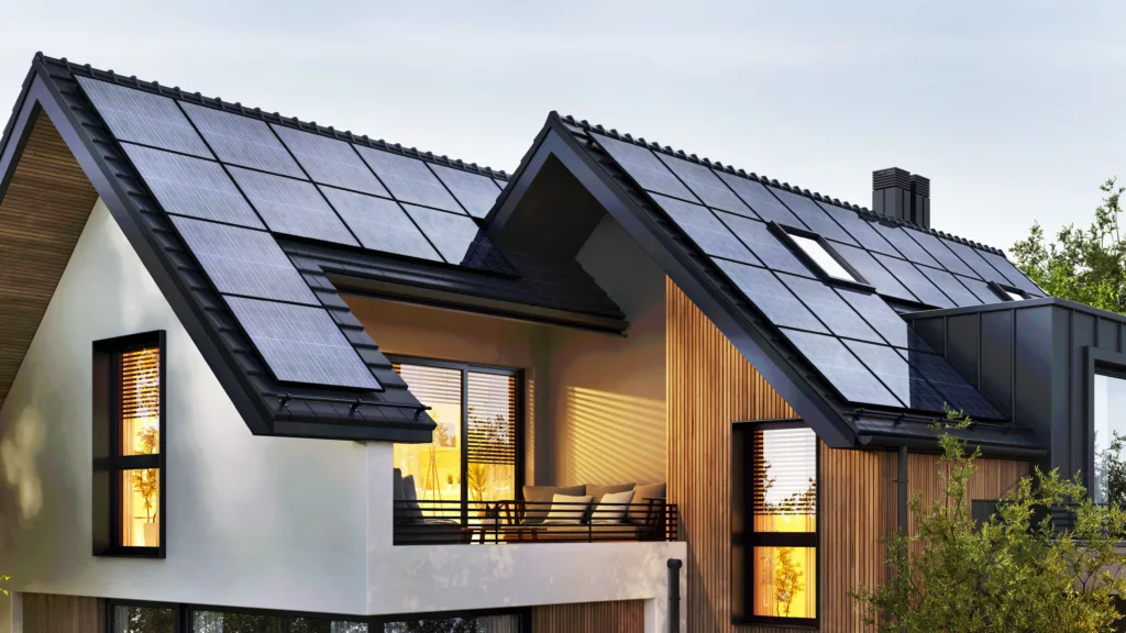 Luxury home with solar panels on metal roof