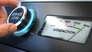 Close view of a panel with a dial on the left side that reads “Service Level” and an analog gauge on the right labeled “Satisfaction” that has the following position indicators: “Low,” “Medium,” “High,” and “Max.” A hand is turning the dial to its highest setting, and the needle on the gauge is pegged in the “Max” position.