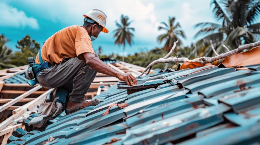 Worker repairing a roof after a storm