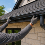 Close-up of hands installing a custom seamless gutter system on a residential home in Texas