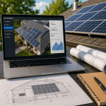 Custom solar system design displayed on laptop with residential roof solar panel layout in Texas