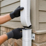 Close-up of hands installing and aligning a new downspout on residential home in Texas