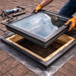 Roofer installing new skylight unit on roof opening