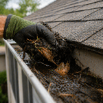 Close-up of gloved hand removing leaves and debris from clogged gutter on residential home in Texas